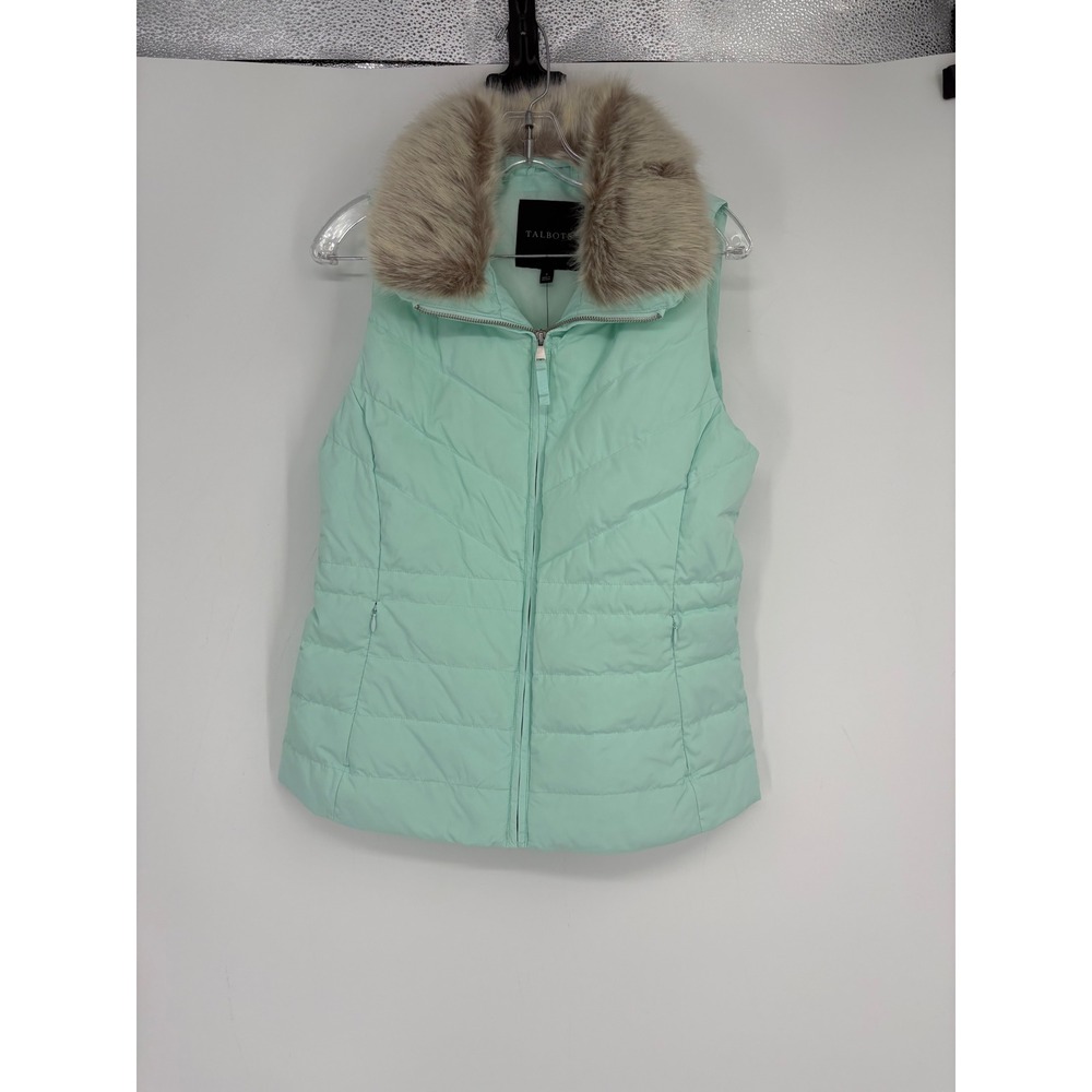 Talbots Puffer Vest Womens S Mint Green The Puffer Faux Fur Trim Down Fill
